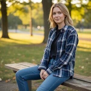 Roots Flannel Shirt Mens Medium Blue Plaid Long Sleeve Cotton Button Up 2245